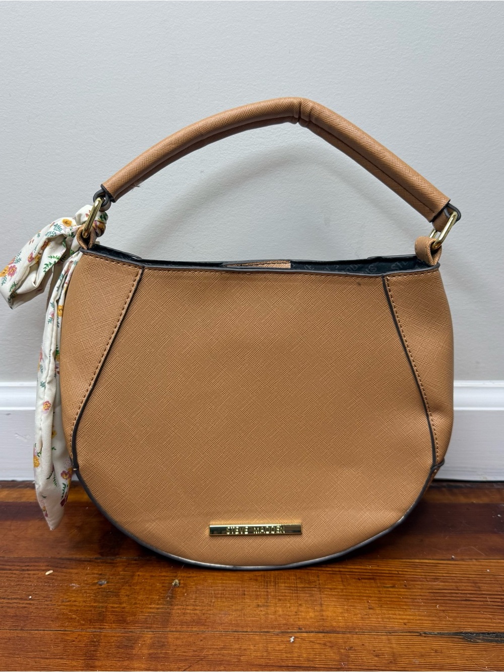 Steve Madden Tan Crescent Shoulder Bag with Scarf Accent